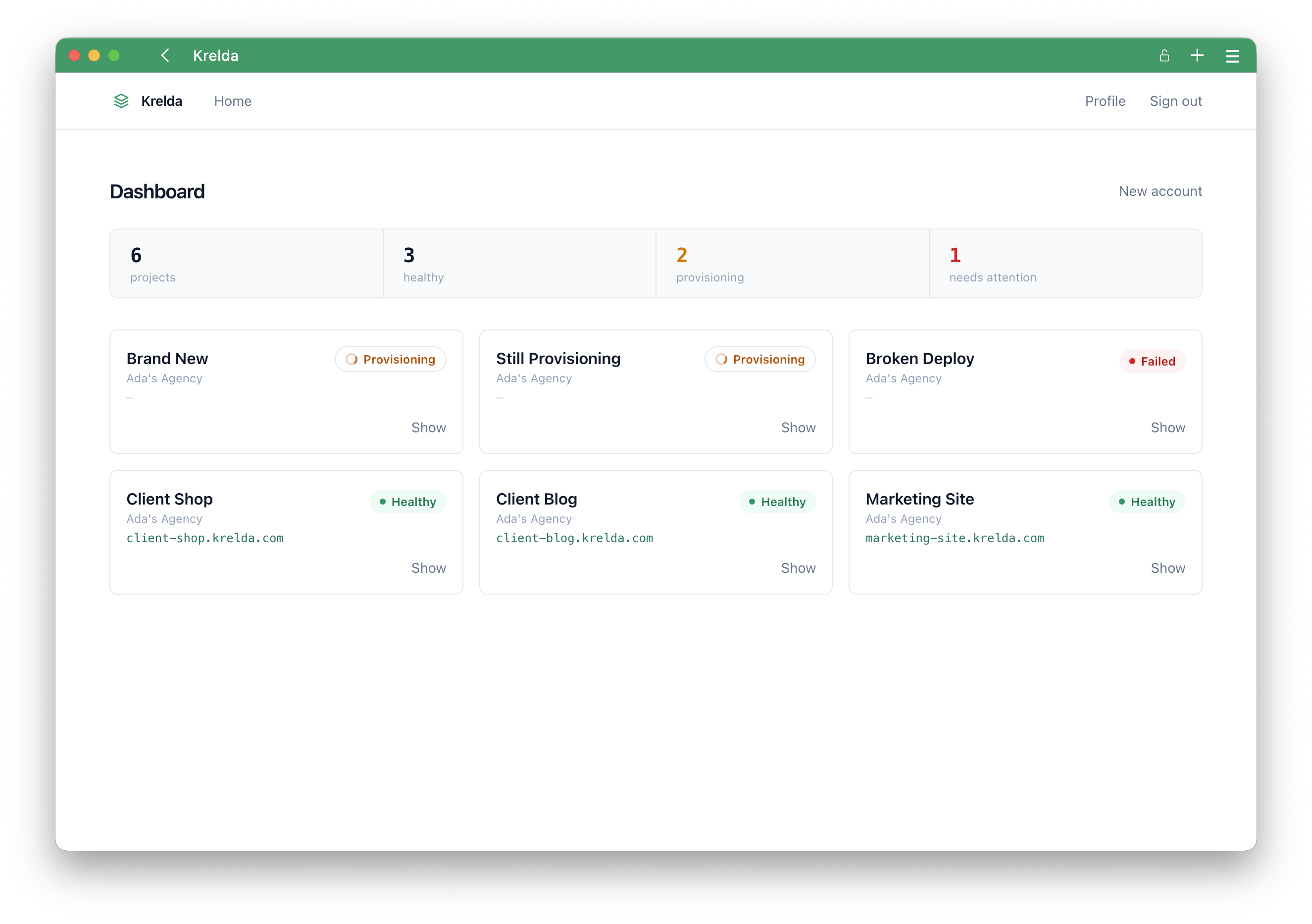 The Krelda dashboard, showing hosted WordPress projects and their status