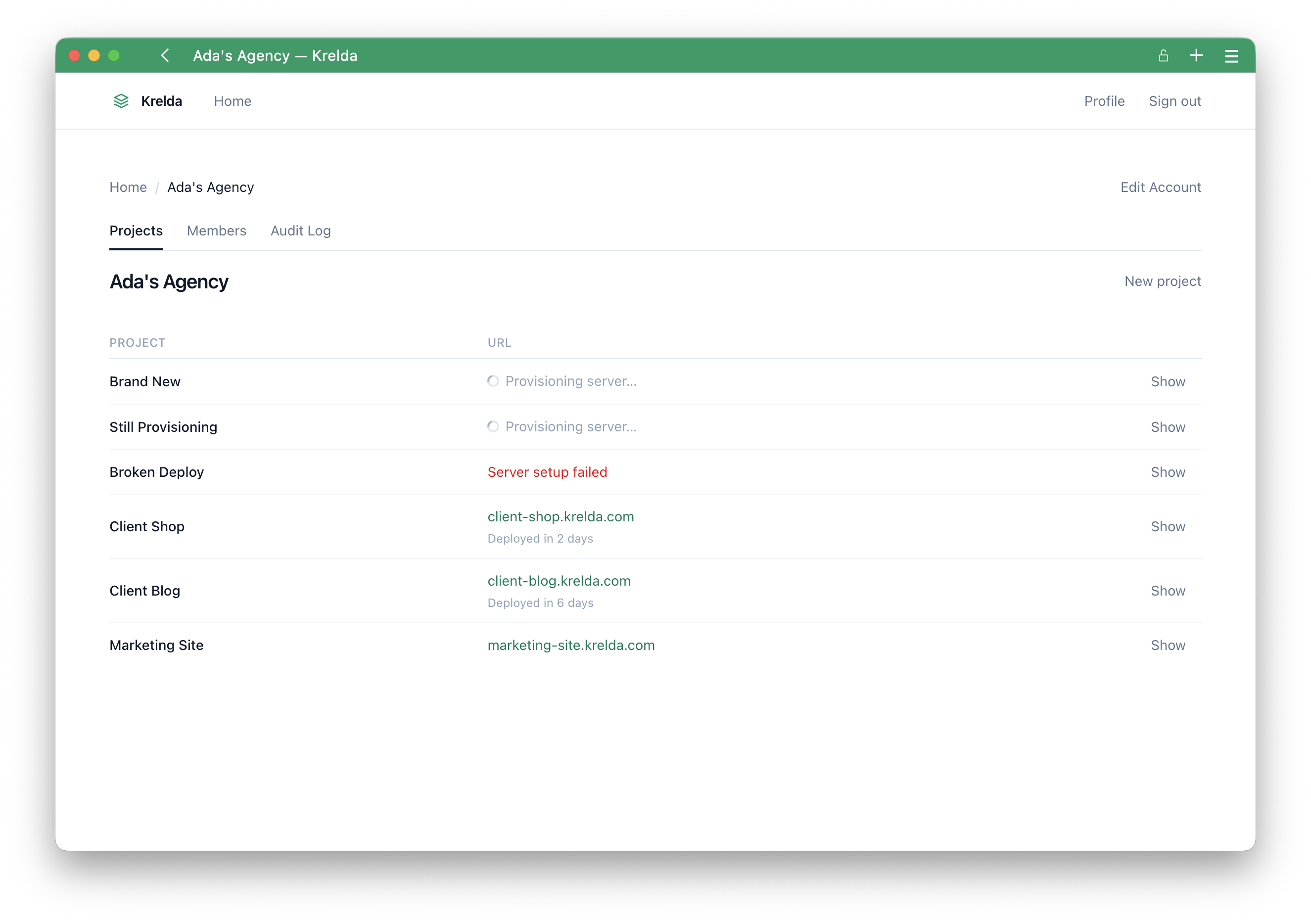 An agency's own project list in Krelda, showing every client site and its status